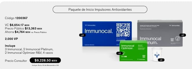 Paquete de Inicio Impulsores Antioxidantes de Immunotec: 3 Immunocal, 2 Immunocal Platinum, 2 Immunocal Optimizer R&V y 4 vasos mezcladores