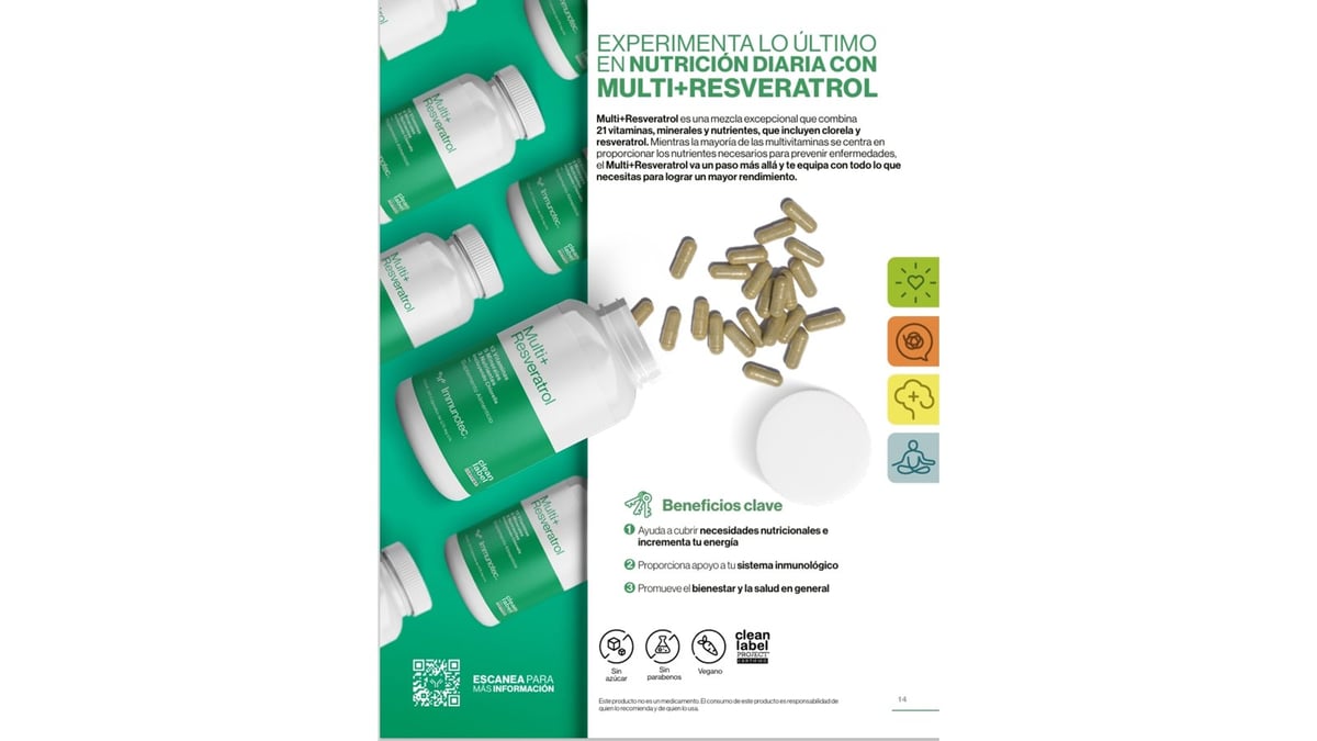 Frasco y cápsulas de Multi+ Resveratrol por Immunotec con íconos de beneficios sobre fondo verde, información del producto