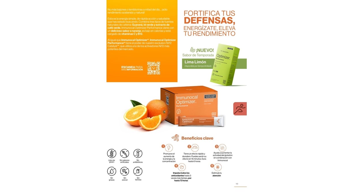 Empaque naranja de Immunocal Optimizer Performance con caja de vitaminas, naranjas frescas e íconos de beneficios para la inmunidad y la energía