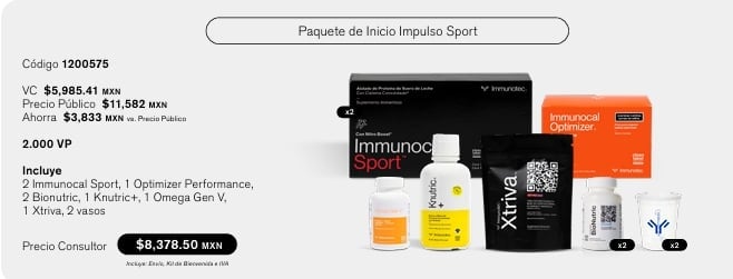 Paquete de Inicio Impulso Sport de Immunotec: 2 Immunocal Sport, 1 Optimizer Performance, 2 Bionutric, 1 Knutric+, 1 Omega Gen V, 1 Xtriva y 2 vasos mezcladores