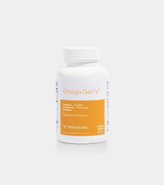 Frasco de Omega Gen V por Immunotec con tapa blanca y etiqueta naranja