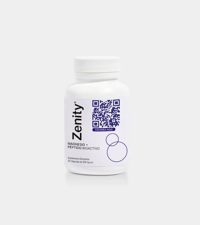 Frasco blanco Zenify con etiqueta morada, magnesio y péptido bioactivo, 30 cápsulas