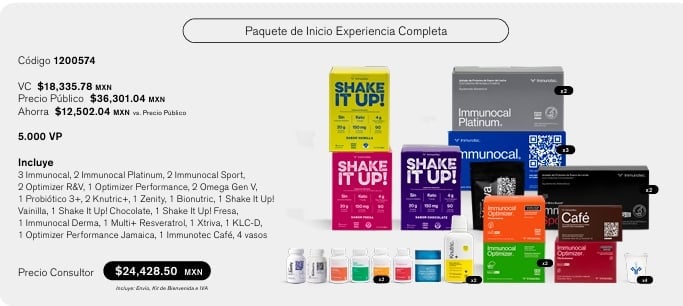 Paquete de Inicio Experiencia Completa de Immunotec con todos los productos de la línea y 4 vasos mezcladores