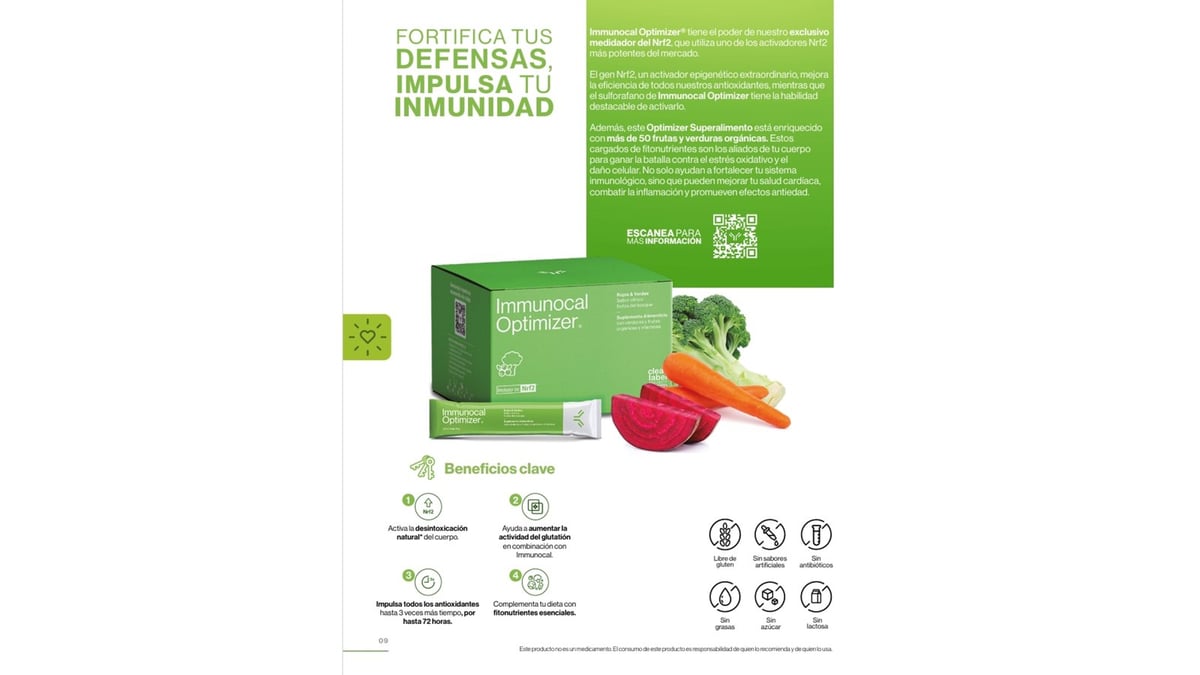 Empaque y materiales de marketing de Immunocal Optimizer Rojos & Verdes con vegetales frescos e íconos de beneficios para la inmunidad