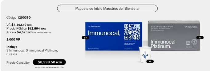Paquete de Inicio Maestros del Bienestar de Immunotec: 3 Immunocal, 3 Immunocal Platinum y 6 vasos mezcladores