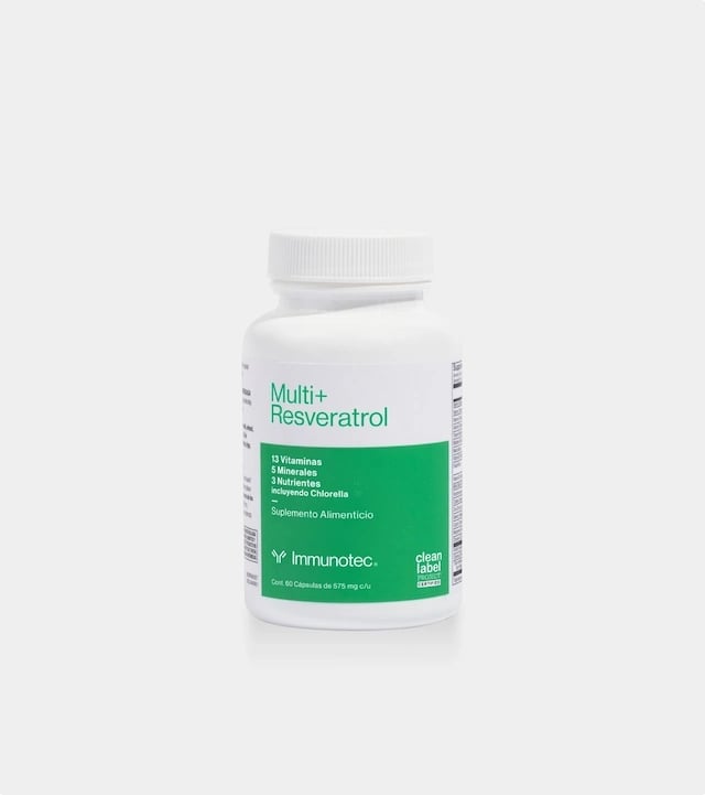 Frasco de Multi+ Resveratrol por Immunotec con tapa blanca